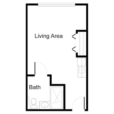 Architectural floor plan of a living area and bath