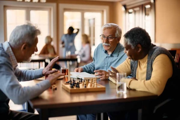 Residents enjoying a game of chess in a common room