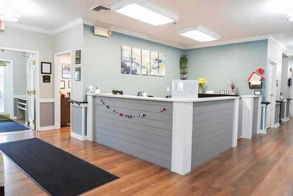 Bright reception area in a senior living facility