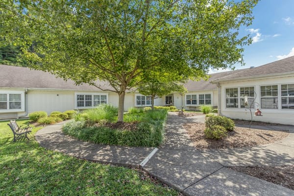 Outdoor garden area with seating and pathways