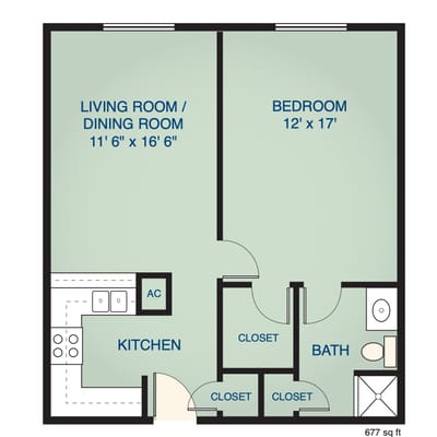 Architectural floor plan of a one-bedroom unit