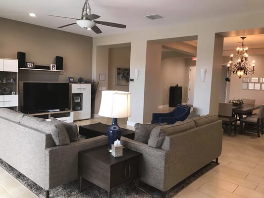 Interior view of a common area with seating.