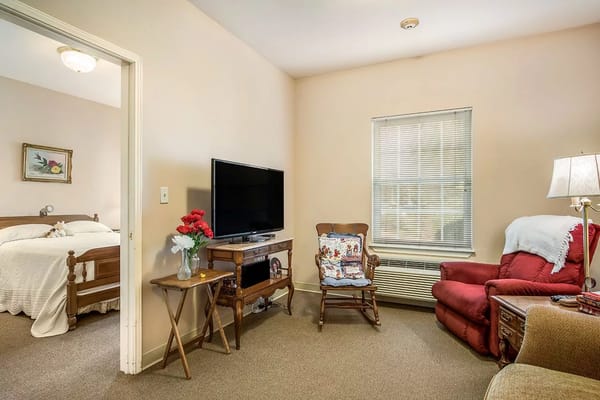 Comfortable living room area with a TV, rocking chair, and decorative flowers