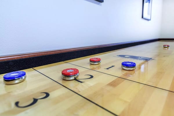 Close-up of a shuffleboard court with pucks