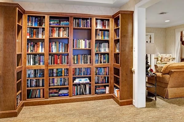 Cozy library area with shelves of books