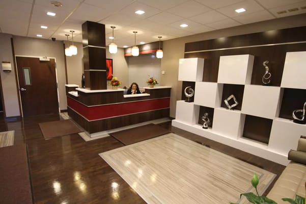 Reception area of a senior care facility with staff