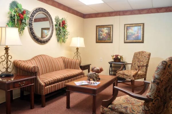 A cozy interior lounge with comfortable seating and decor