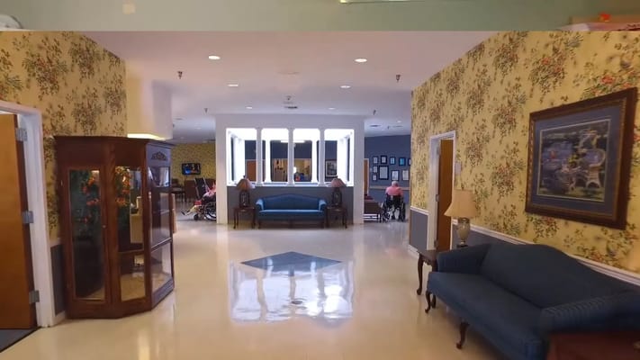 Interior view of a lively common area with seating