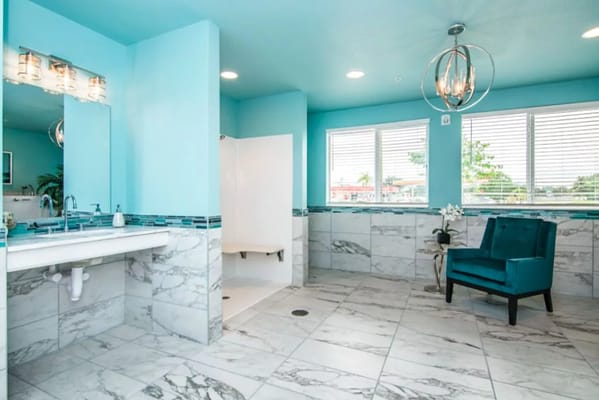 Brightly colored bathroom with modern fixtures
