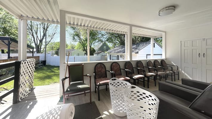 Indoor seating area with view of the outdoors