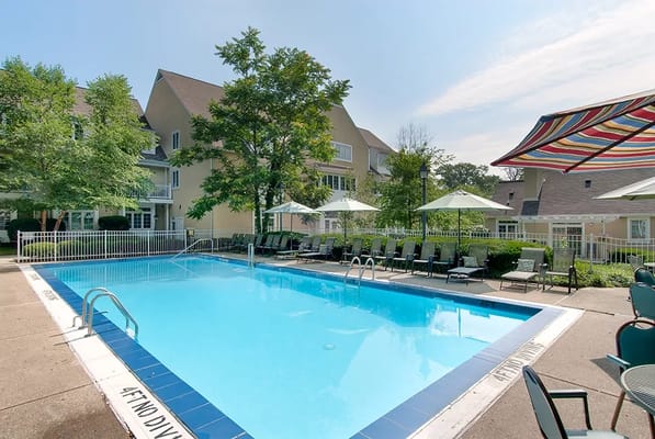 Outdoor pool area at Evergreen Retirement Community