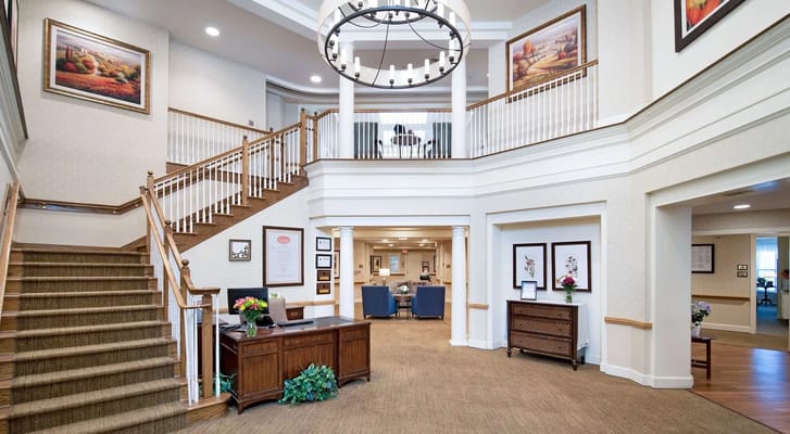 Bright and spacious lobby with a staircase