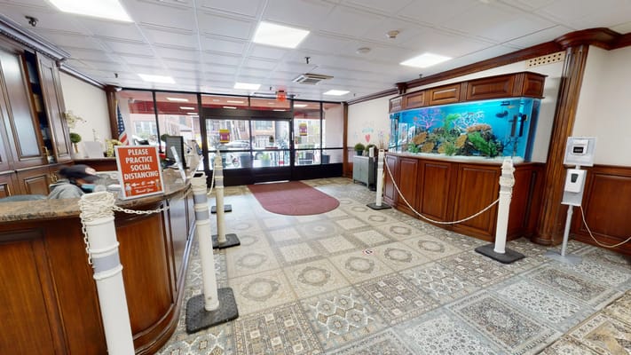 Lobby area with aquarium and greeting desk