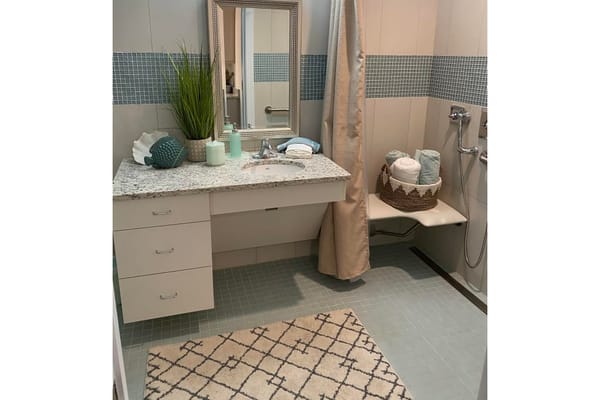 Modern bathroom setup with stylish decor and amenities