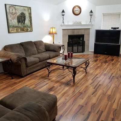 Cozy common area with a fireplace and seating