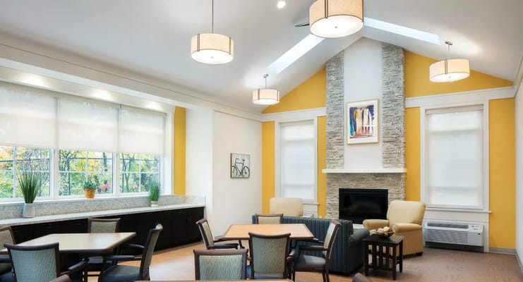 Bright common area with seating and decor