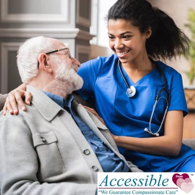 Caregiver smiling with elderly patient in a cozy setting