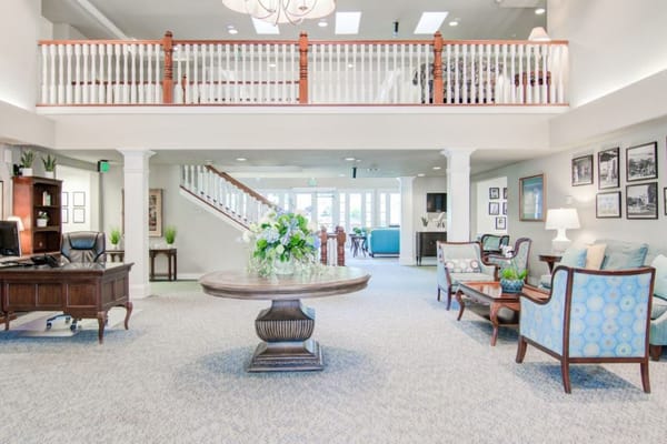 Bright common area with seating and decorations