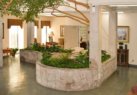 Bright common area with greenery and seating