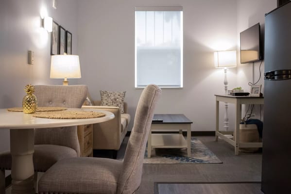 Cozy common area with soft lighting and furniture