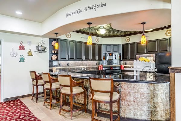 Interior view of a kitchen area with seating