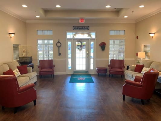 Bright lobby area with comfortable seating