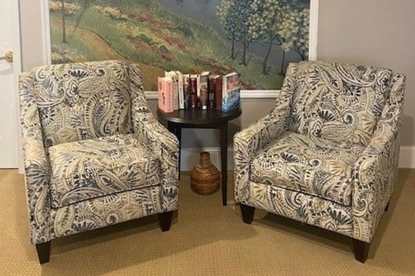 Two comfortable chairs in a cozy lounge area