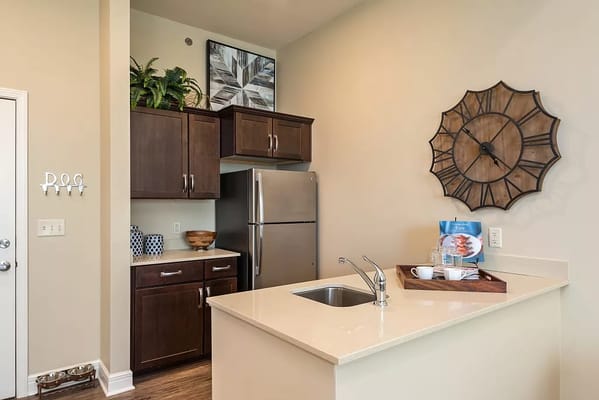 A modern kitchen with dark cabinetry and a large clock on the wall.