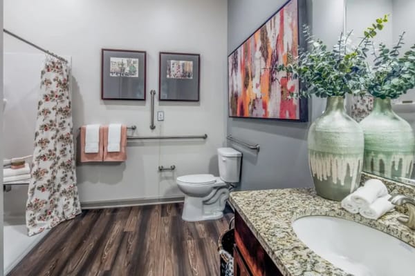 Stylish bathroom featuring a shower, toilet, and decorative accents.