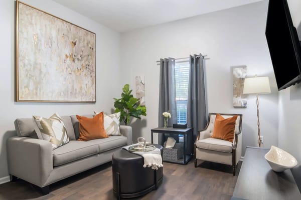 Modern living room with cozy furniture and decor