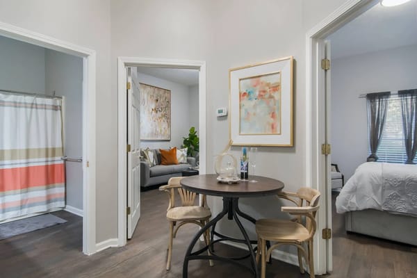 Cozy interior hallway with seating and artwork