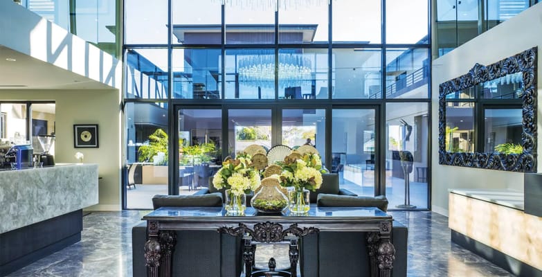 Bright interior of a senior living facility lobby
