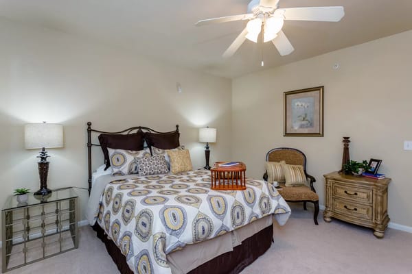 Interior of a cozy resident bedroom with decor
