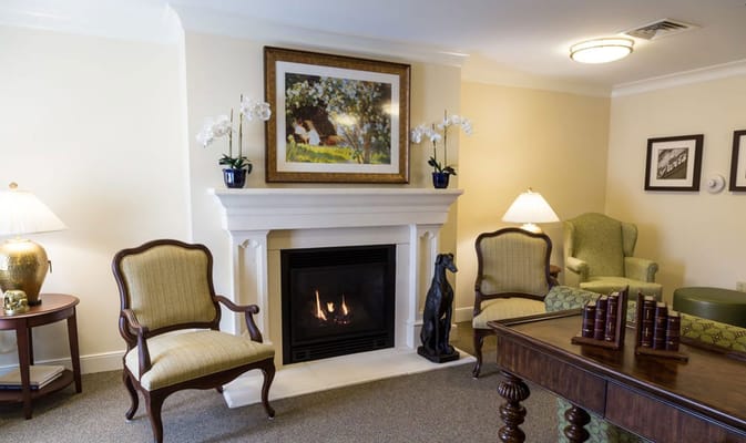 Cozy common area with fireplace and seating