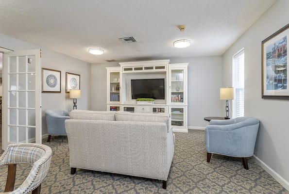 Comfortable seating area with TV and bookshelves