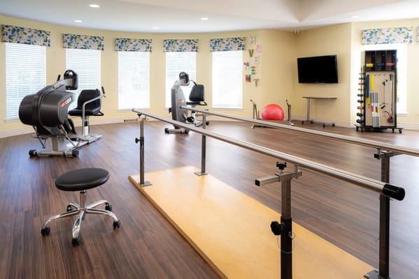 Rehabilitation gym with exercise equipment and therapy area