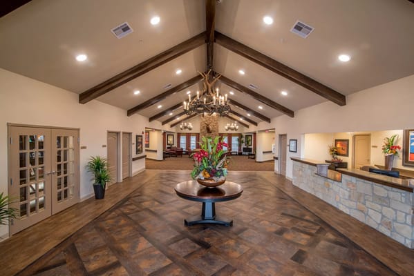 Interior view of a common area with high ceilings