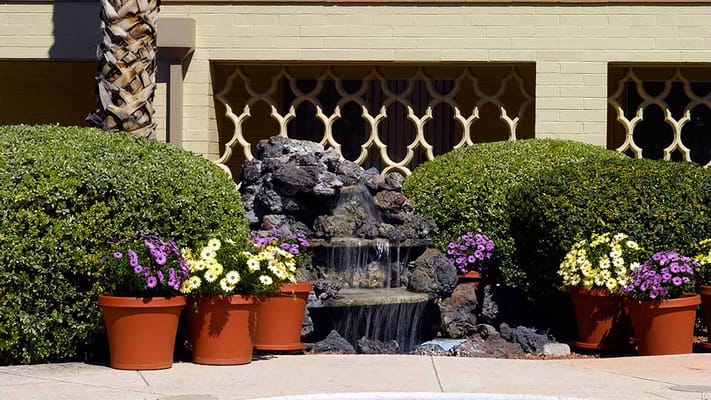 Outdoor fountain surrounded by colorful flowers