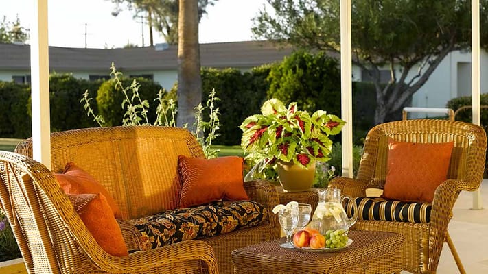 Cozy outdoor seating area with plants and decor