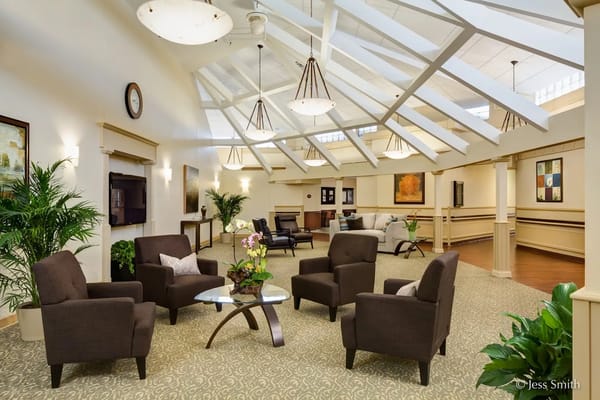 Bright and spacious common area with seating