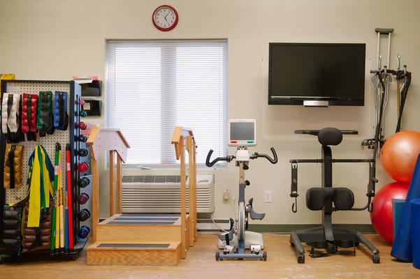Exercise equipment and rehabilitation area in a senior living facility