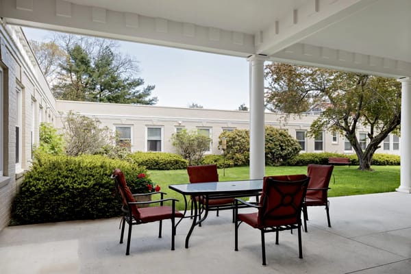 Outdoor seating area in a green courtyard