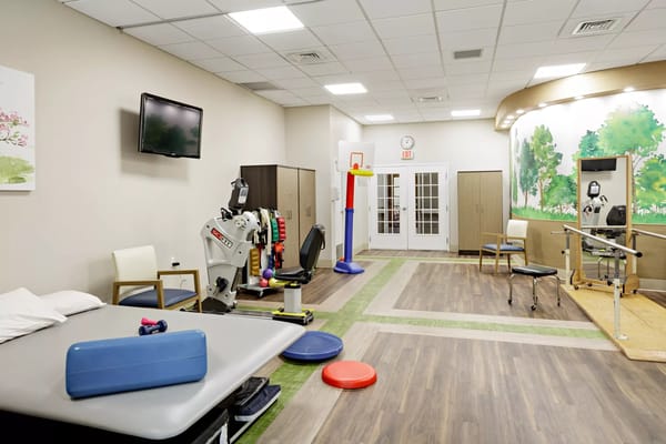 Therapy room with exercise equipment and seating