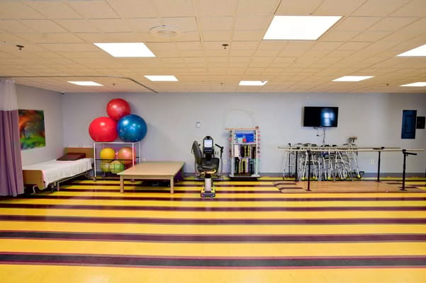 Activity room with exercise equipment and therapy balls