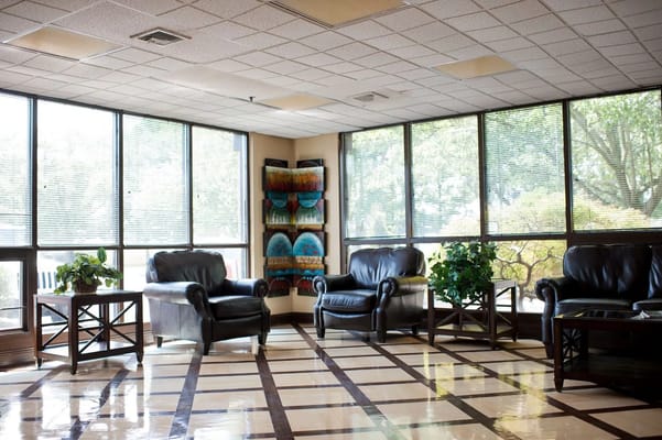 Bright and inviting common area with seating
