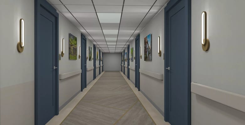 Bright corridor with artwork on the walls