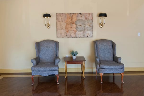 Cozy lounge area with patterned chairs and artwork