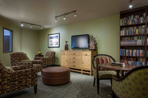 Lounge area with comfortable seating and a bookshelf