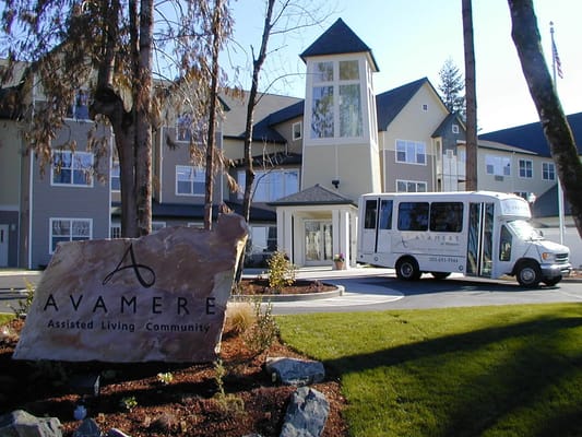 Entrance of Avamere Assisted Living Community with facility shuttle