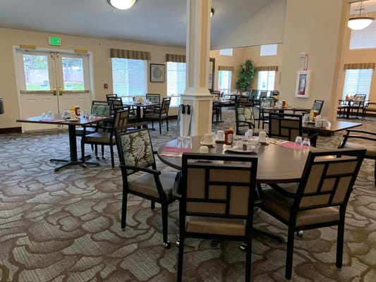Dining area set up for breakfast in the facility